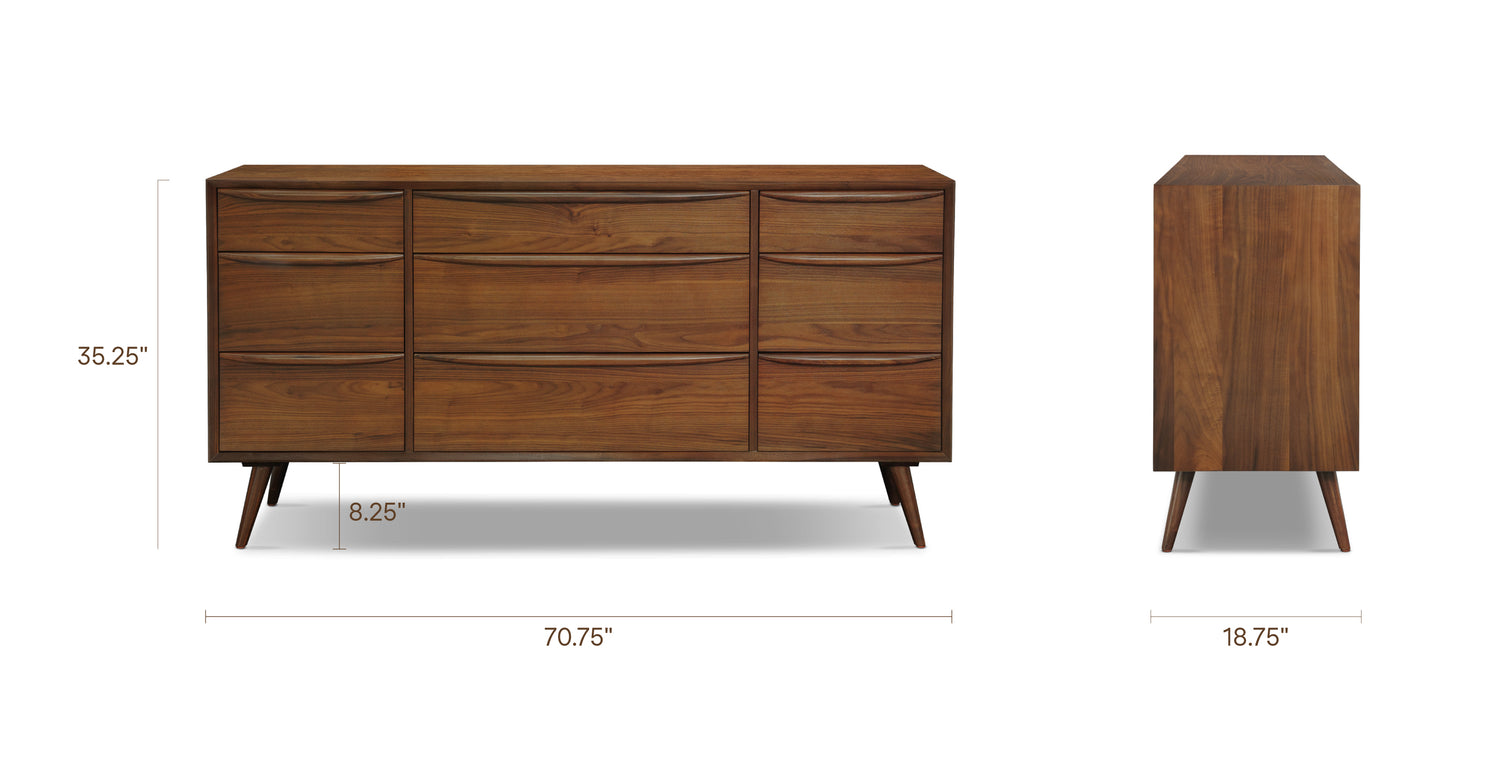 Cura 9 Drawer Dresser Walnut, dimensions