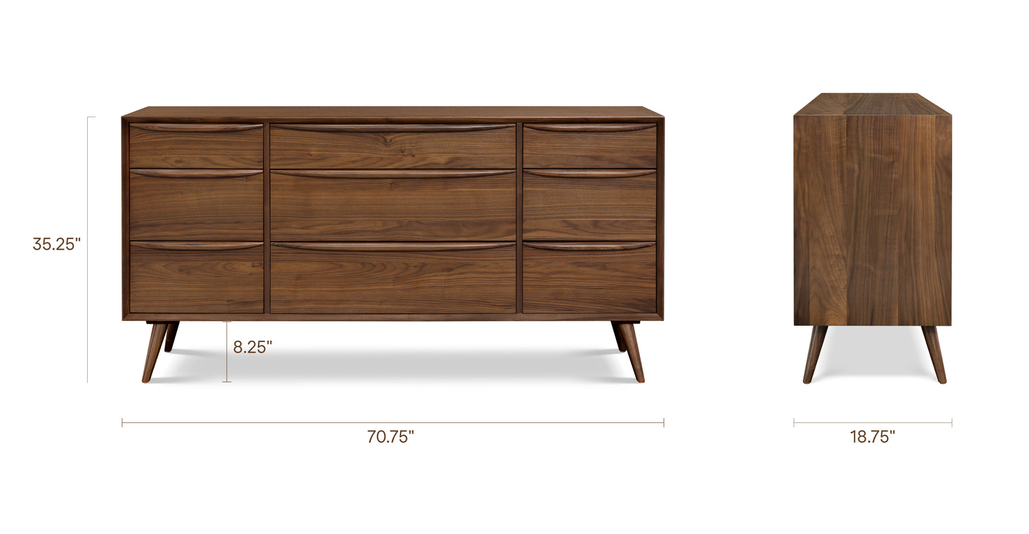 Cura 9 Drawer Dresser Walnut, dimensions
