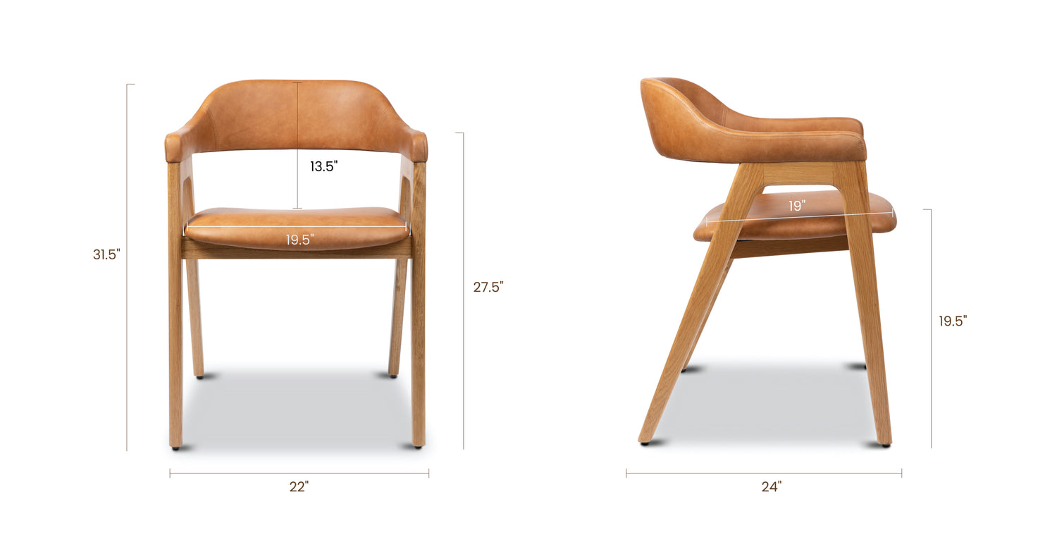 Lando Leather Dining Chair Caramel Tan/Oak, dimensions