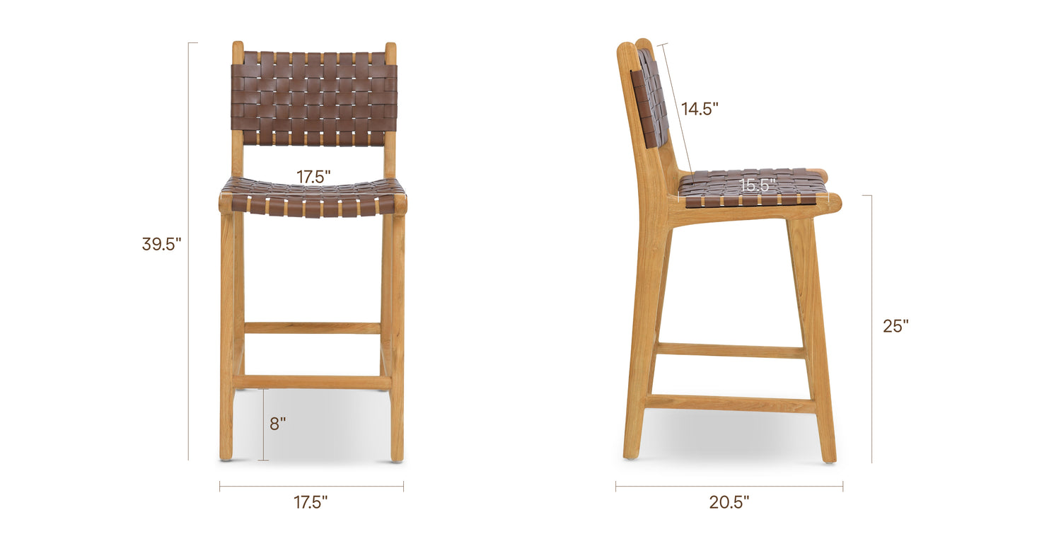 Banda Teak & Woven Leather Counter Height Stool Molten Brown, dimensions