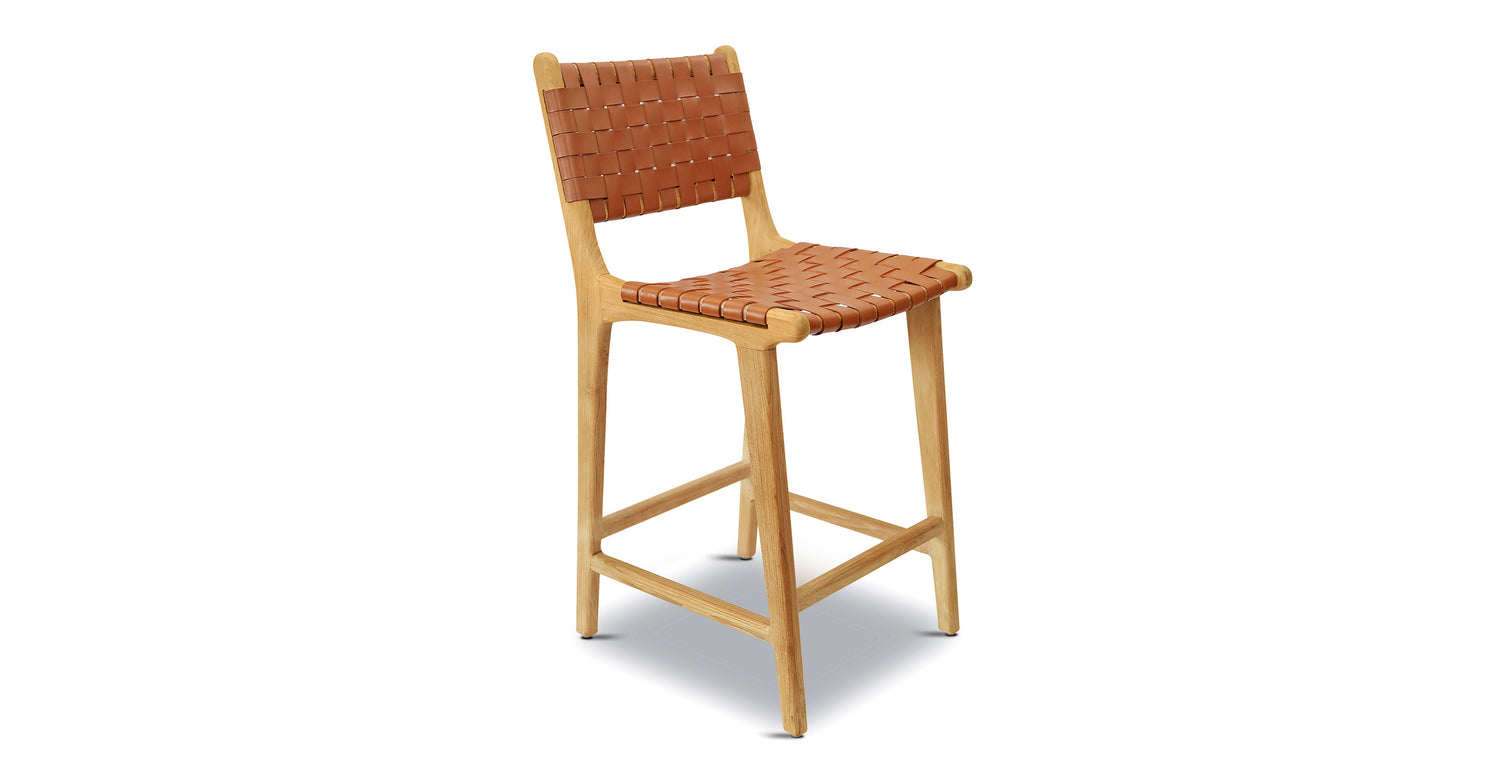 Banda Teak & Woven Leather Counter Height Stool Fauve Tan