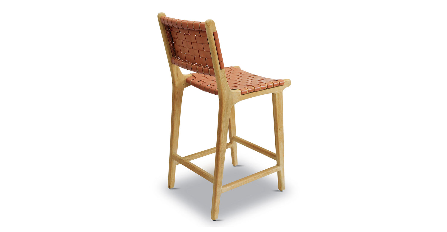 Banda Teak & Woven Leather Counter Height Stool Fauve Tan
