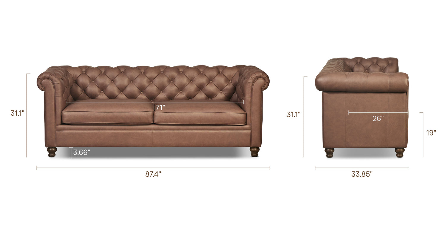 Lyon Sofa Caramel Brown, dimensions