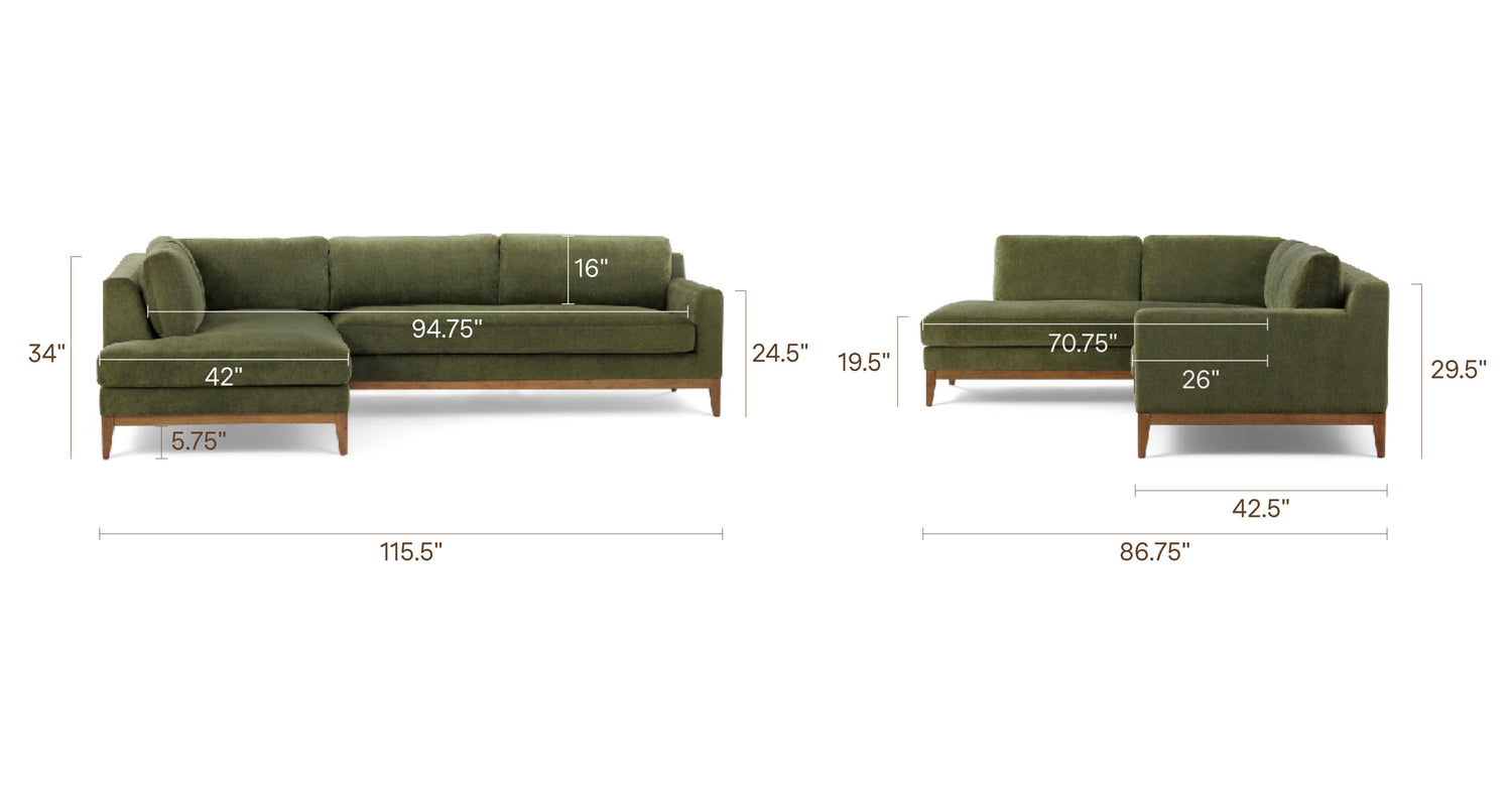 Zyon Left-Facing Bumper Chaise Sectional Distressed Green Velvet, dimensions
