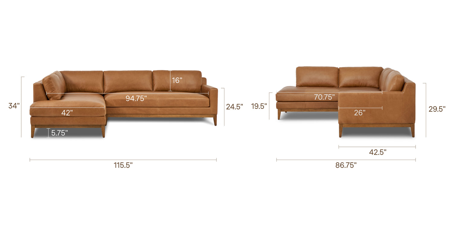 Zyon Leather Left-Facing Bumper Chaise Sectional Saddle Tan, dimensions