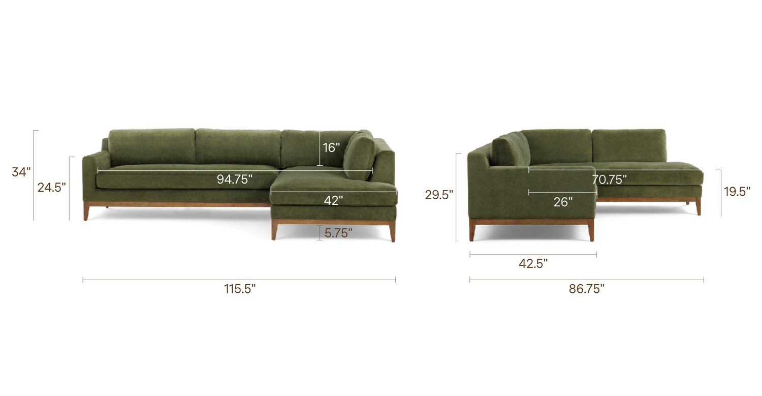 Zyon Right-Facing Bumper Chaise Sectional Distressed Green Velvet, dimensions