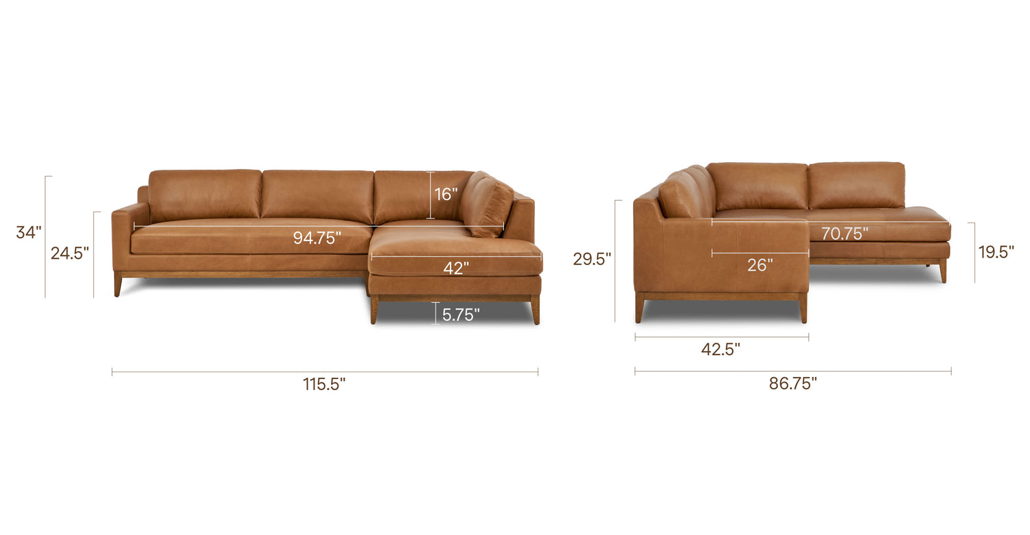 Zyon Leather Right-Facing Bumper Chaise Sectional Saddle Tan, dimensions