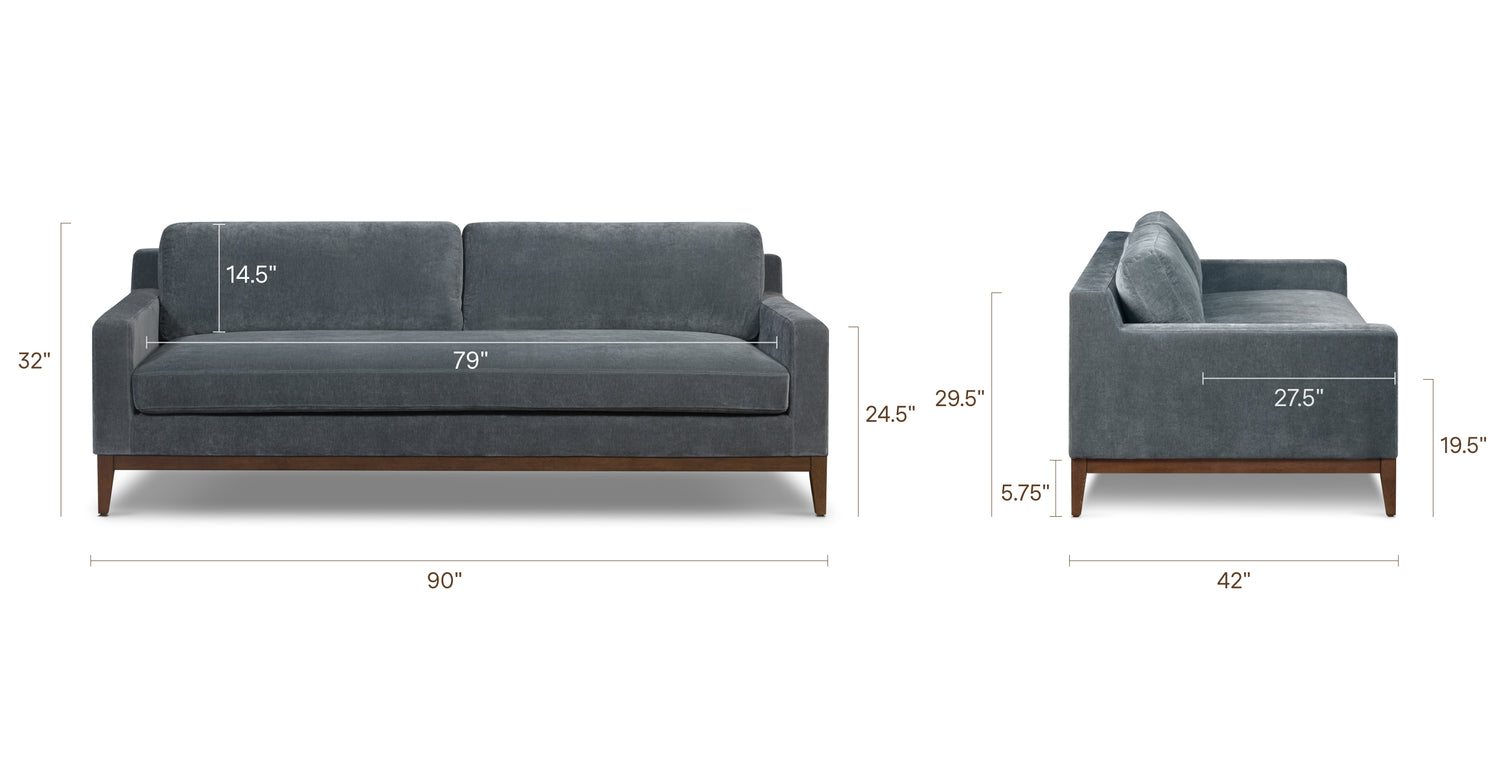 Zyon Velvet Sofa Boreal Blue, dimensions