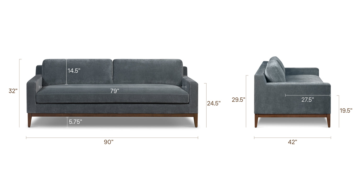 Zyon Velvet Sofa Boreal Blue, dimensions