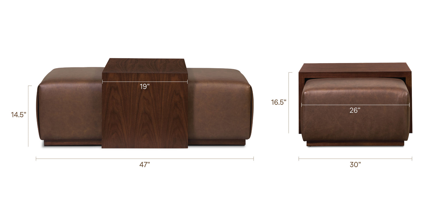 Jarmo Leather Ottoman with Walnut Table Bridle Brown, dimensions
