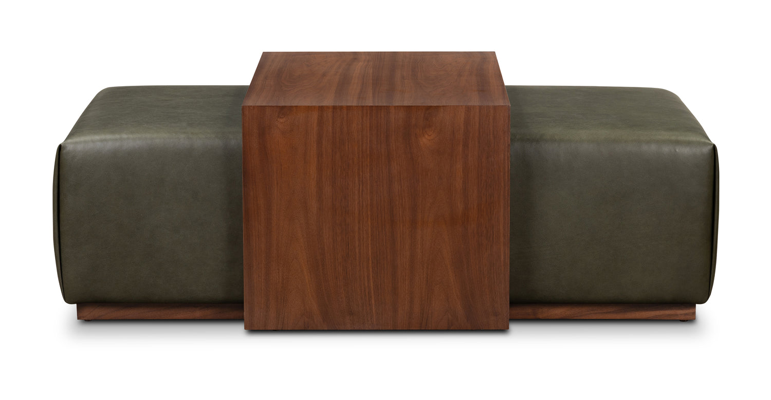 Jarmo Leather Ottoman with Walnut Table Olivine Green