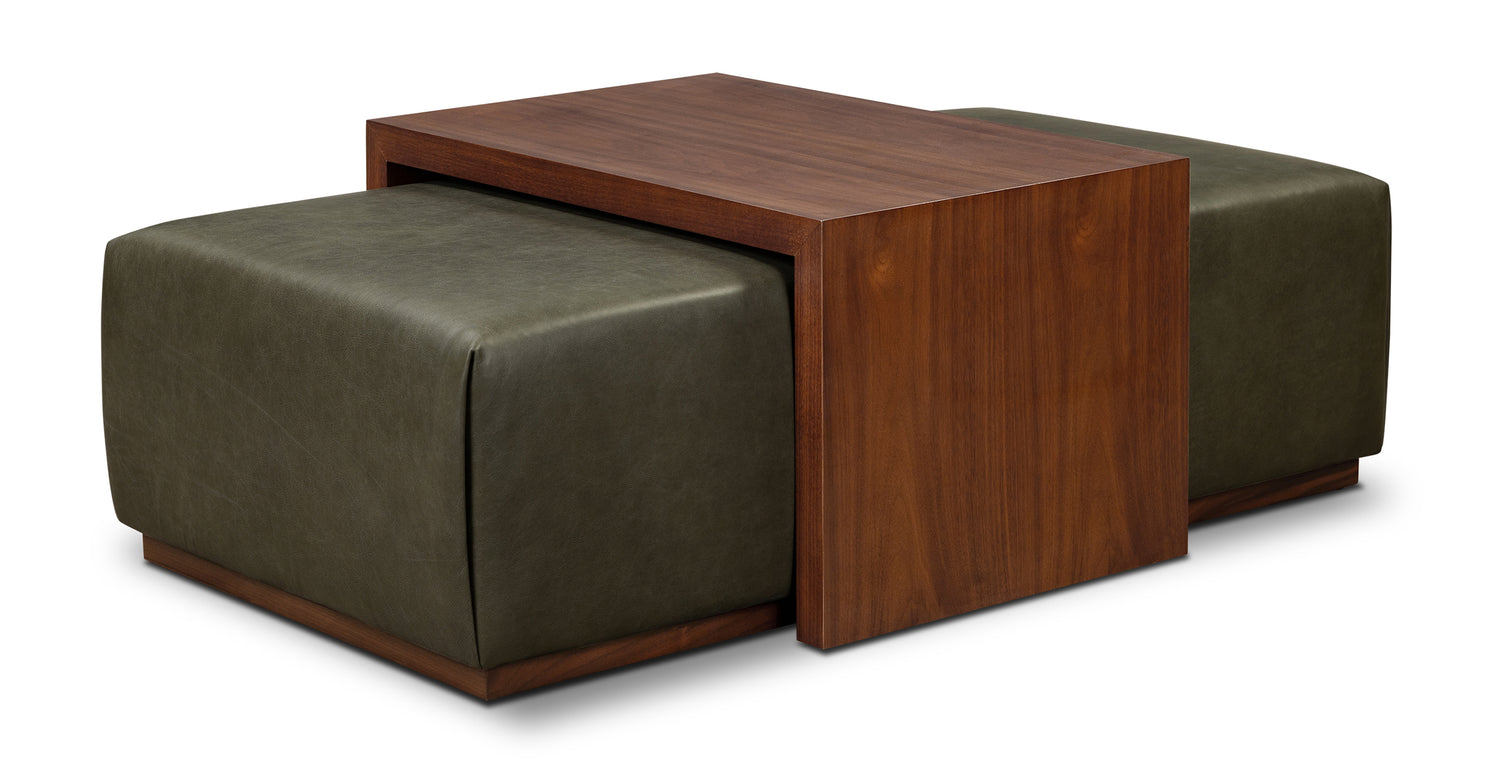 Jarmo Leather Ottoman with Walnut Table Olivine Green