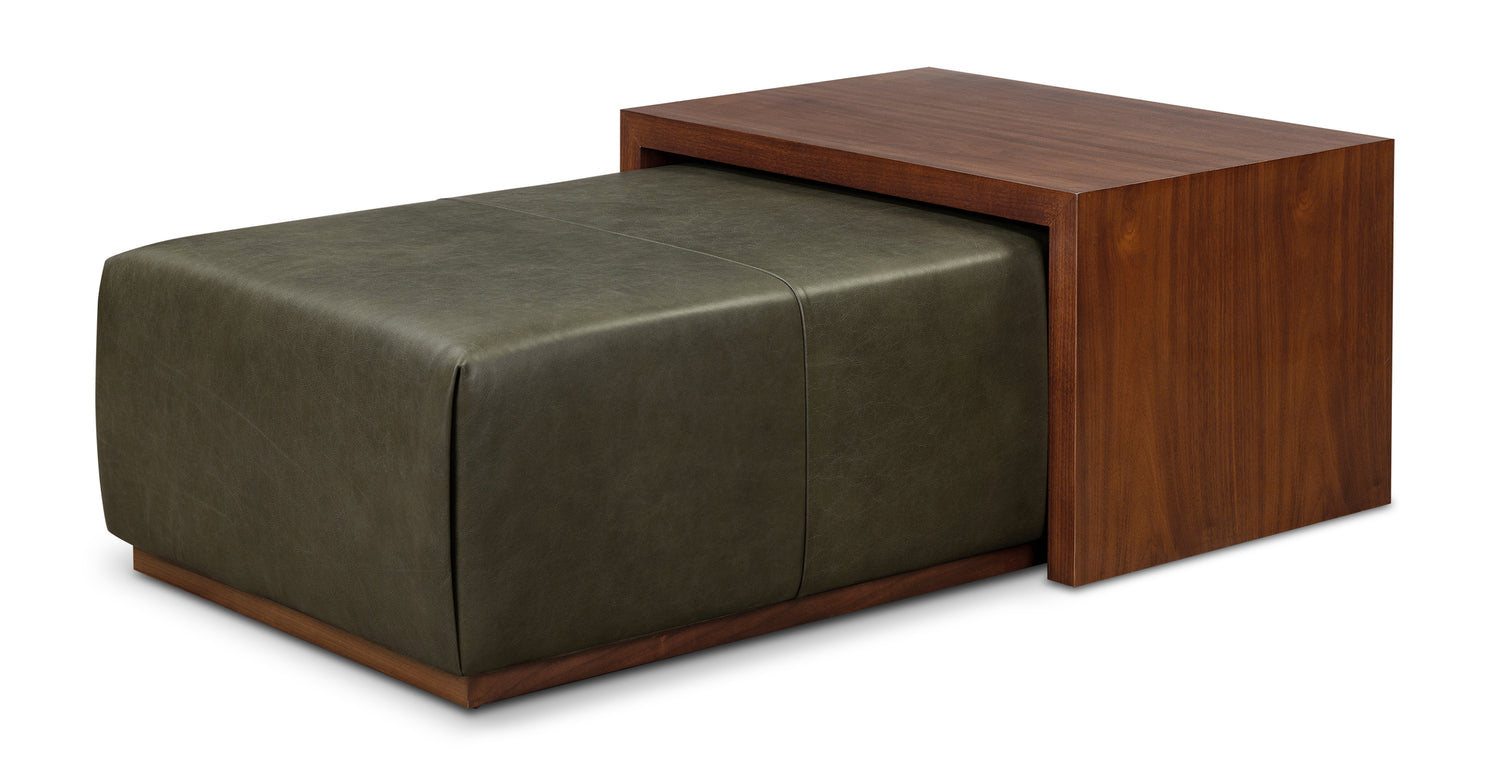 Jarmo Leather Ottoman with Walnut Table Olivine Green