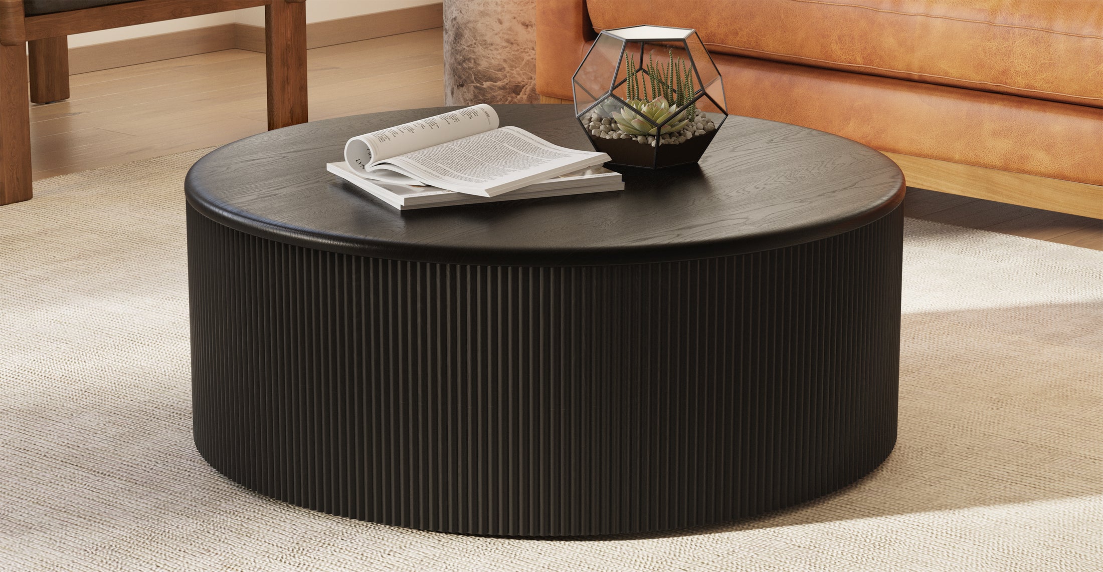 Deja 35" Round Coffee Table with Storage Poly & Bark
