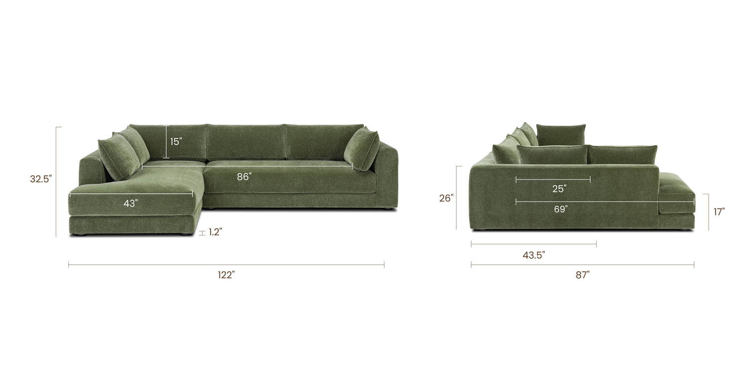 Marcel Left-Facing Corner Sectional Sagano Green, dimensions