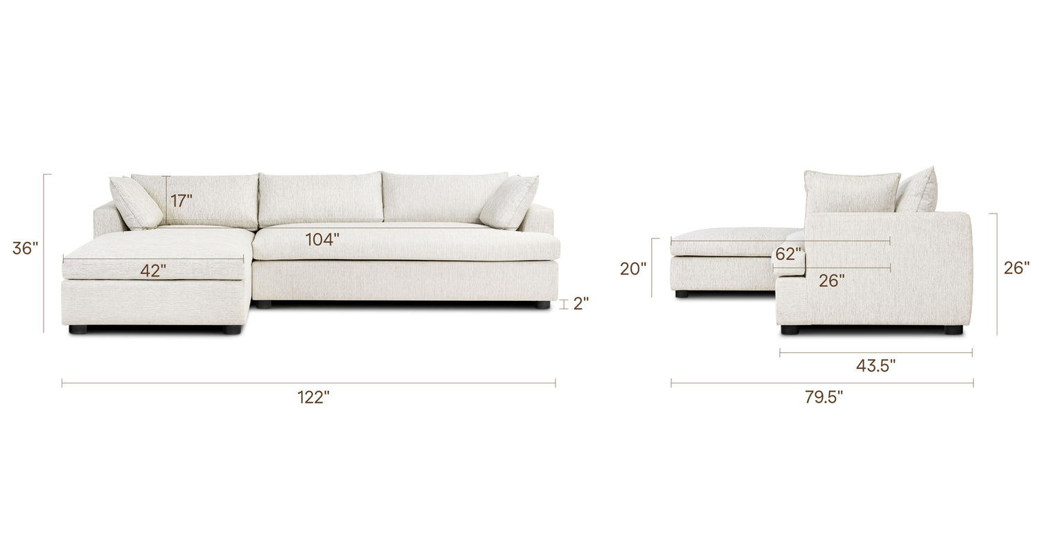 Milo Left-facing Sleeper Sectional Bright Ash, dimensions