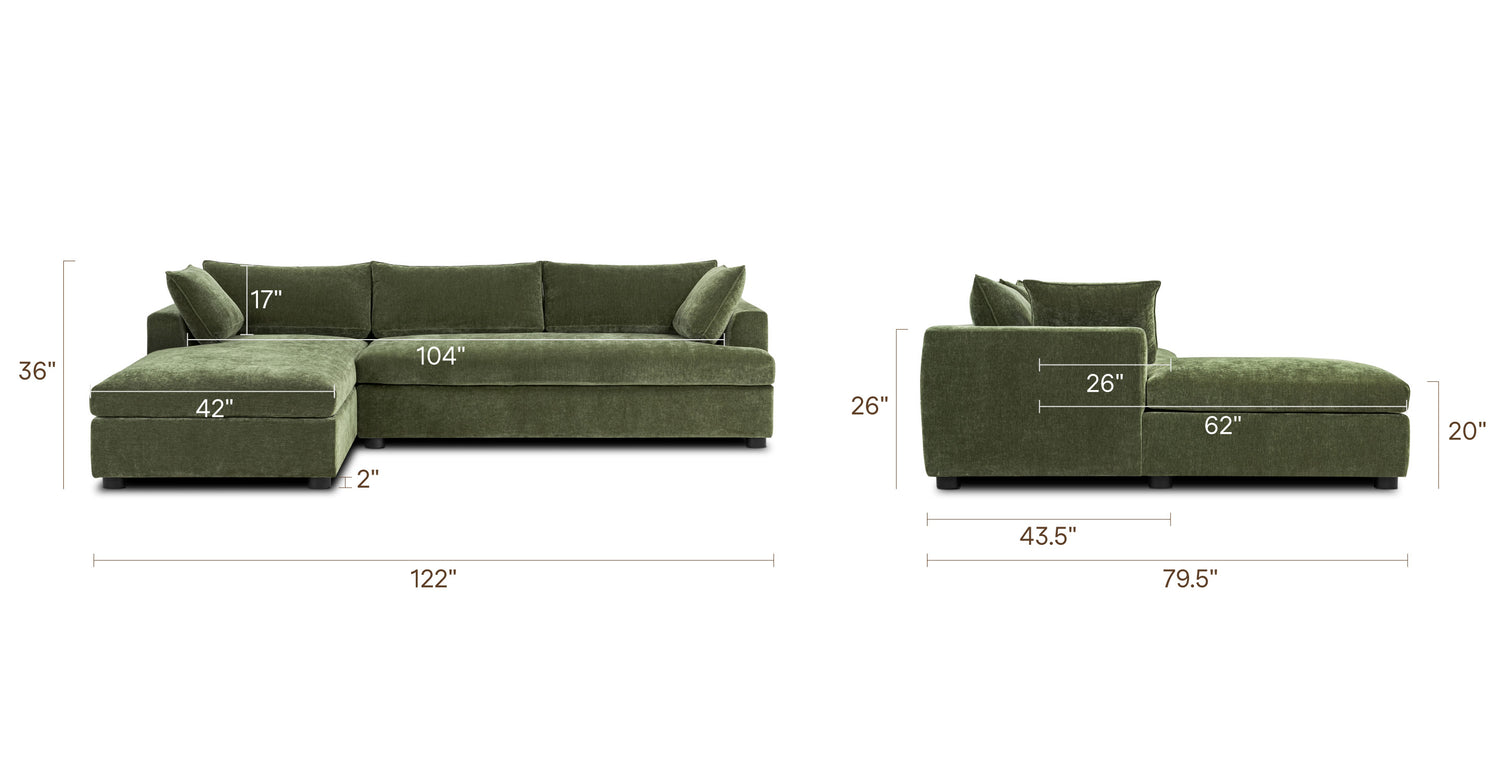 Milo Left-facing Sleeper Sectional Sagano Green, dimensions