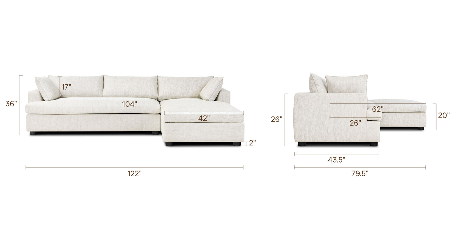 Milo Right-facing Sleeper Sectional Bright Ash, dimensions