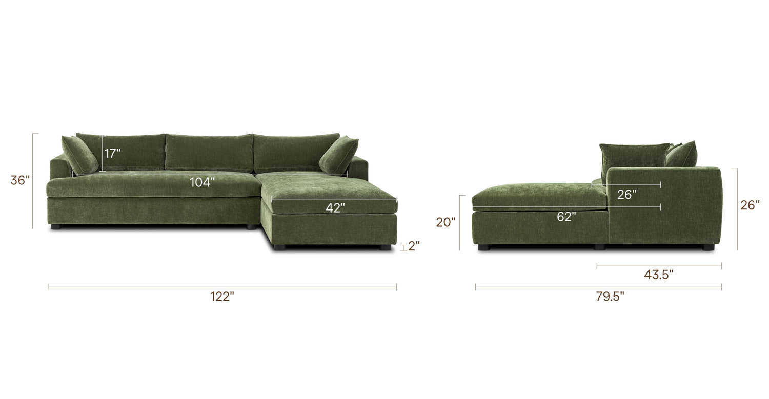 Milo Right-facing Sleeper Sectional Sagano Green, dimensions