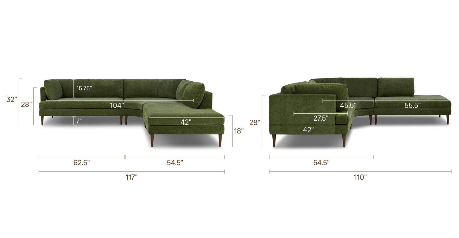 Lucerne Right-Facing Bumper Chaise Sectional Distressed Green Velvet, dimensions