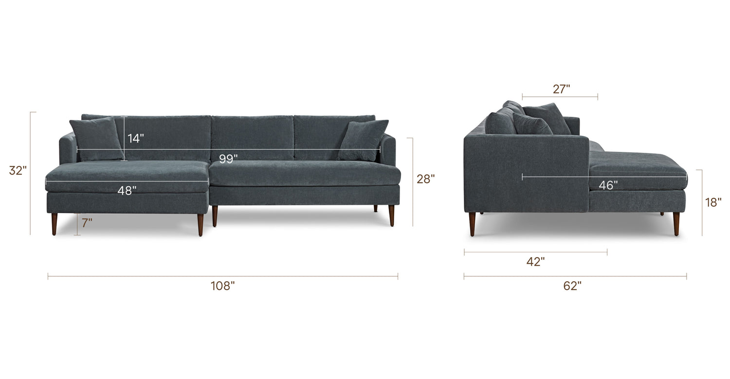 Lucerne Left-Facing Sectional with Extra-Wide Chaise Boreal Blue, dimensions