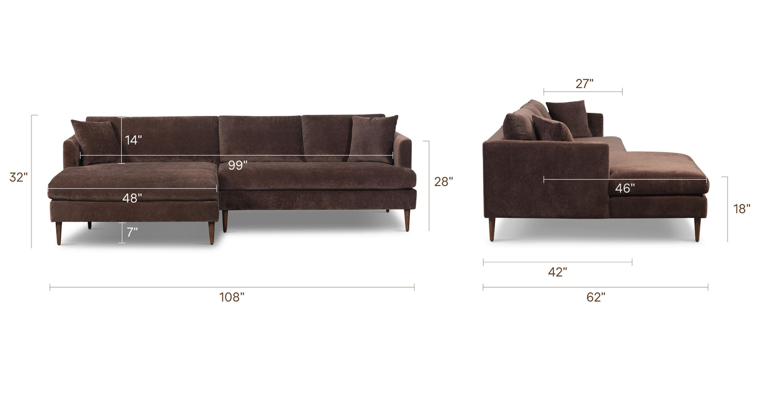 Lucerne Left-Facing Sectional with Extra-Wide Chaise Sable Brown, dimensions
