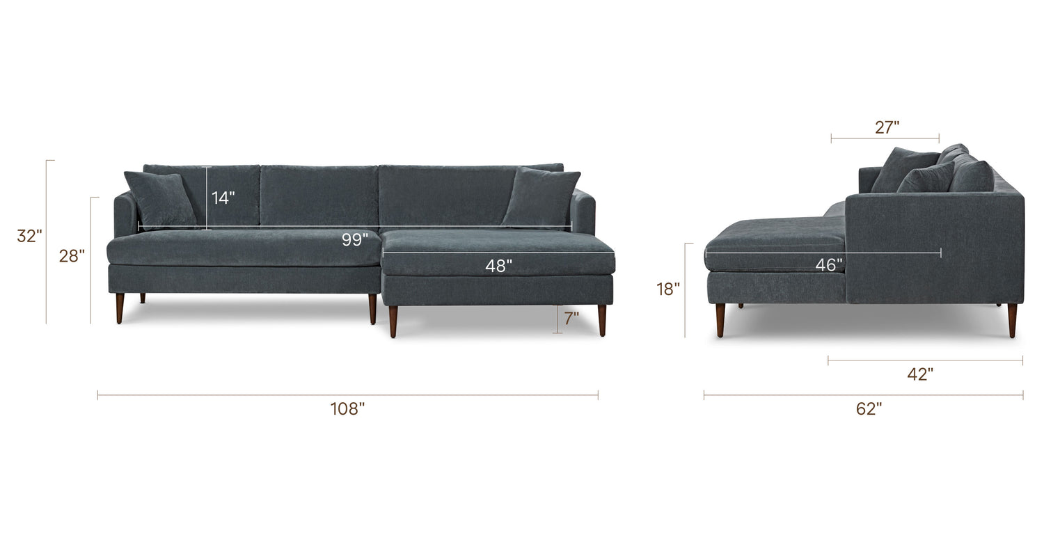 Lucerne Right-Facing Sectional with Extra-Wide Chaise Boreal Blue, dimensions