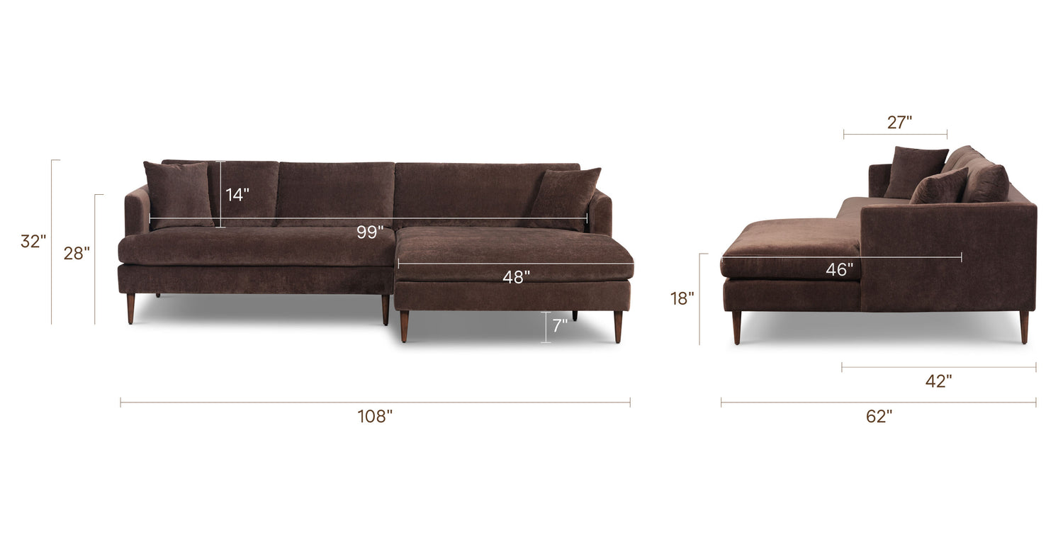 Lucerne Right-Facing Sectional with Extra-Wide Chaise Sable Brown, dimensions