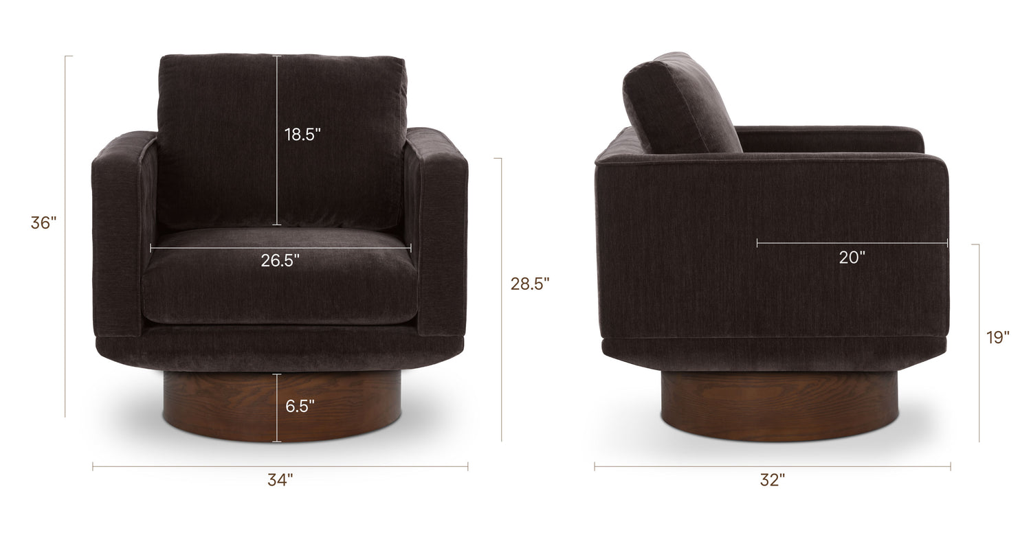 Nera Swivel Lounge Chair Ganache Brown, dimensions