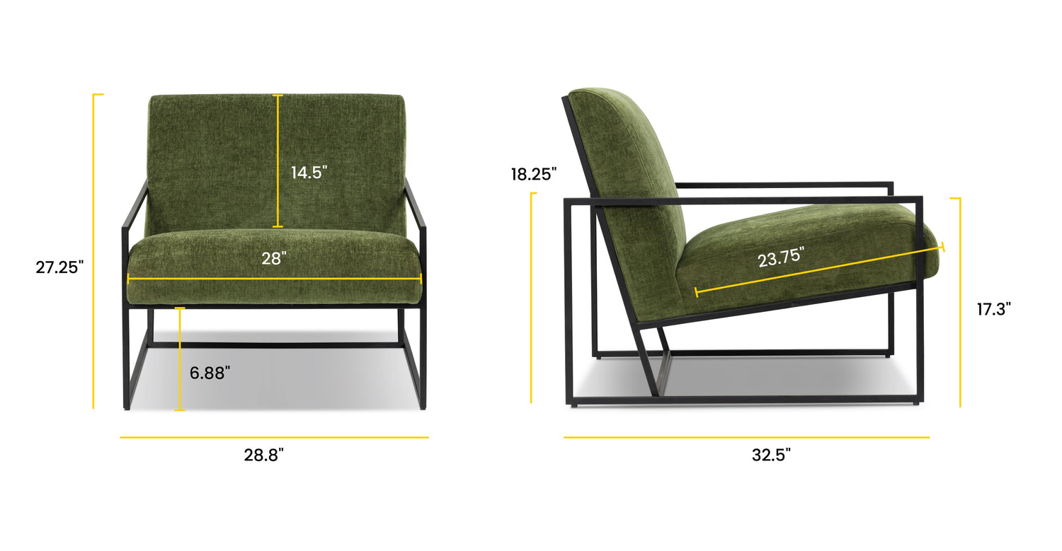 Bo Fabric Lounge Chair Distressed Green Velvet, dimensions