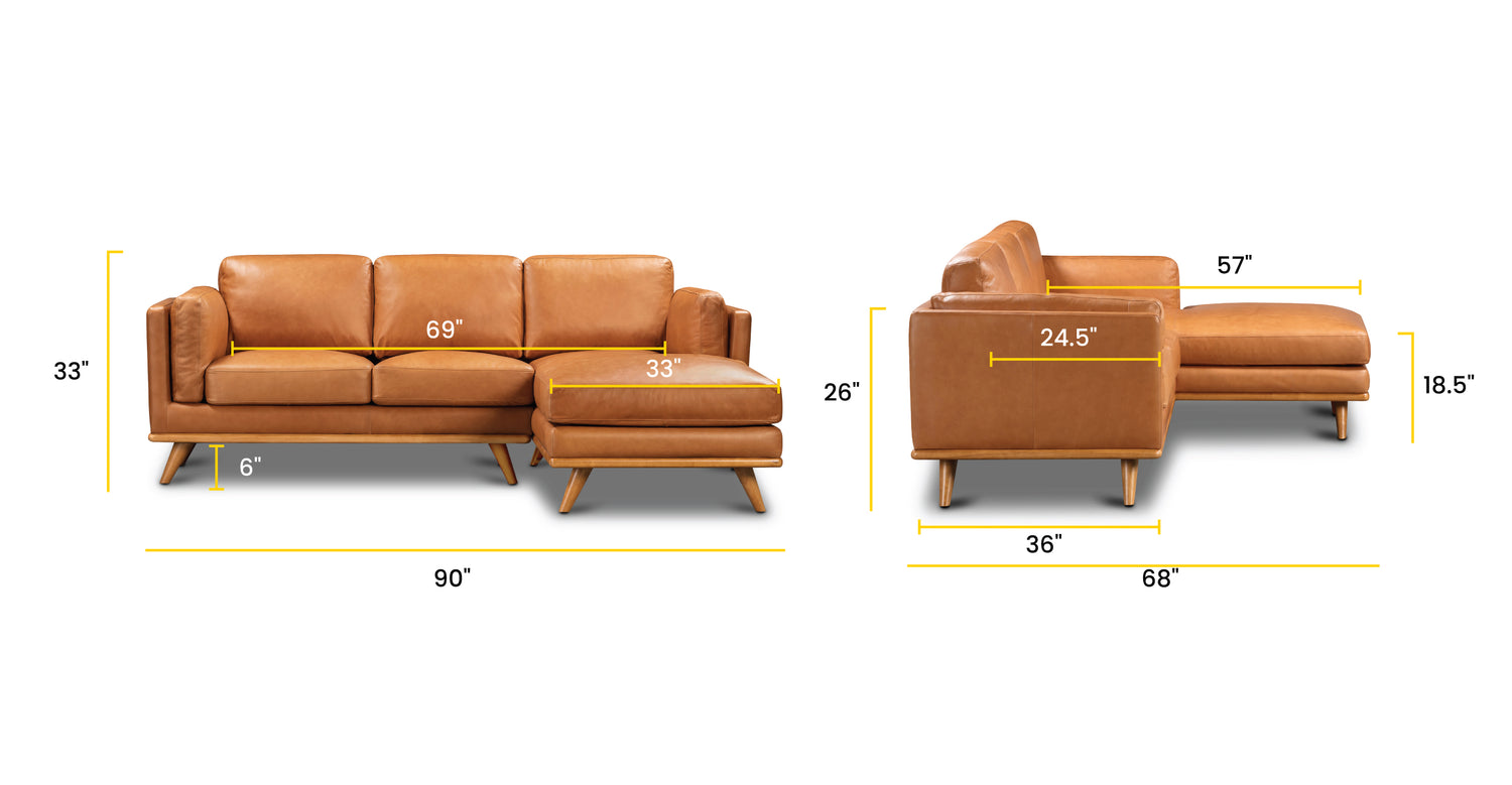 Cadiz Right-facing Sectional Sofa Bourbon Tan, dimensions