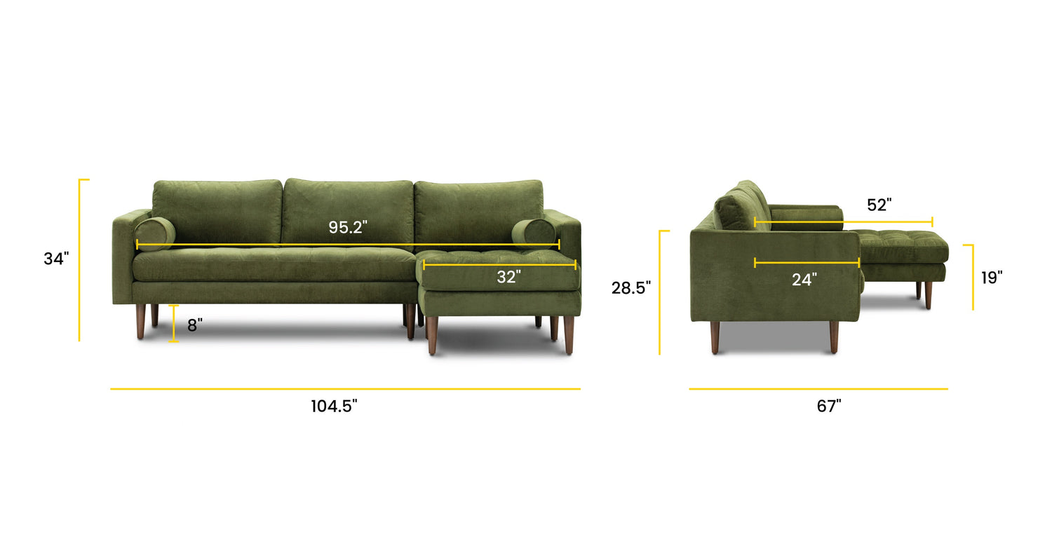 Napa Velvet Right-Facing Sectional Sofa Distressed Green Velvet, dimensions