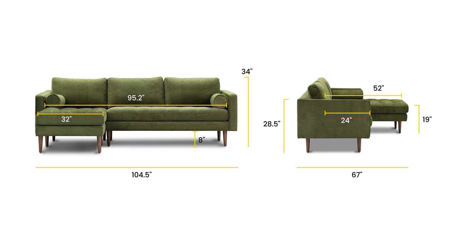 Napa Velvet Left-Facing Sectional Sofa Distressed Green Velvet, dimensions