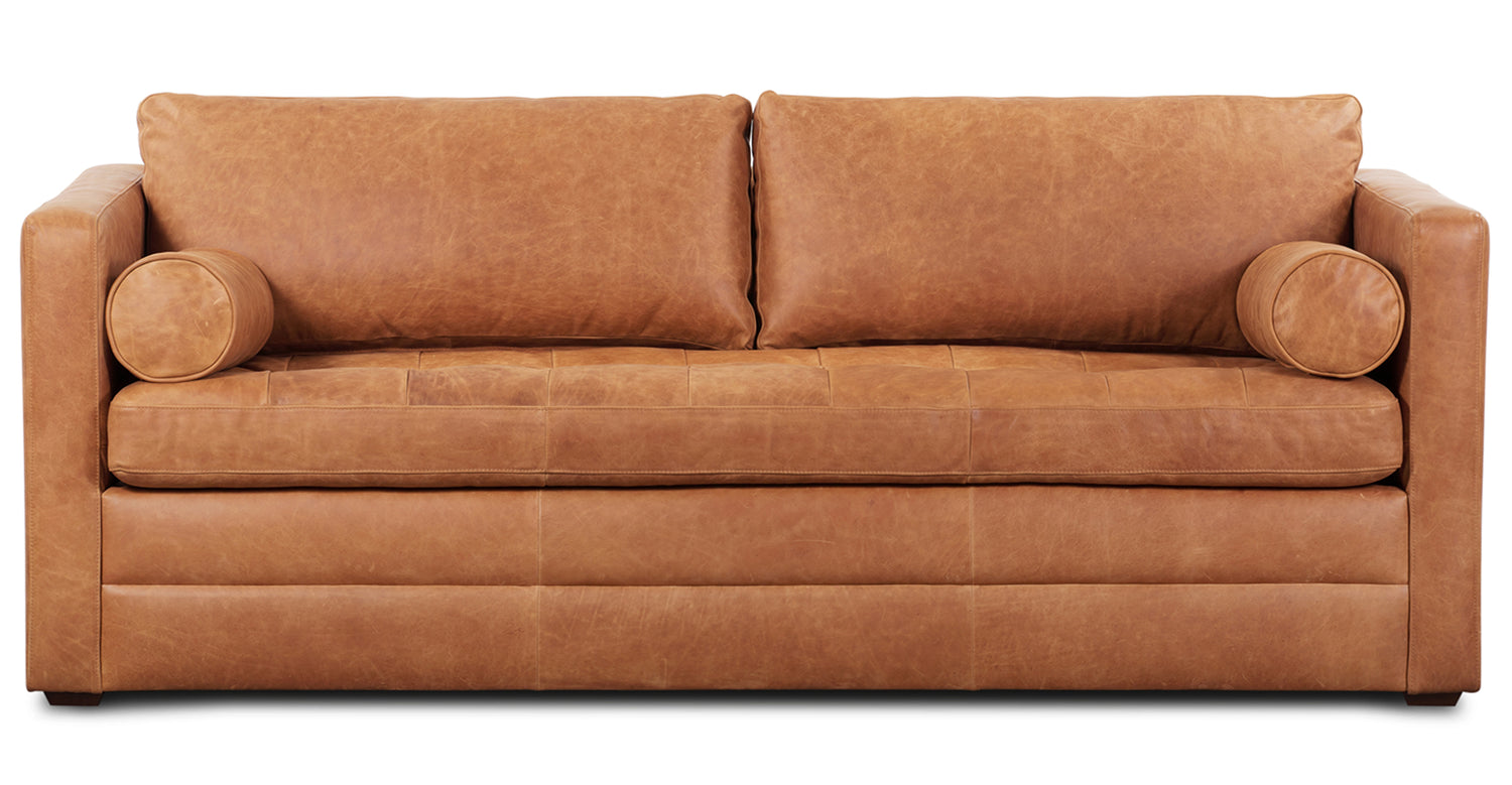 Mahogany Finish Napa Sofa in Cognac Tan Poly Bark