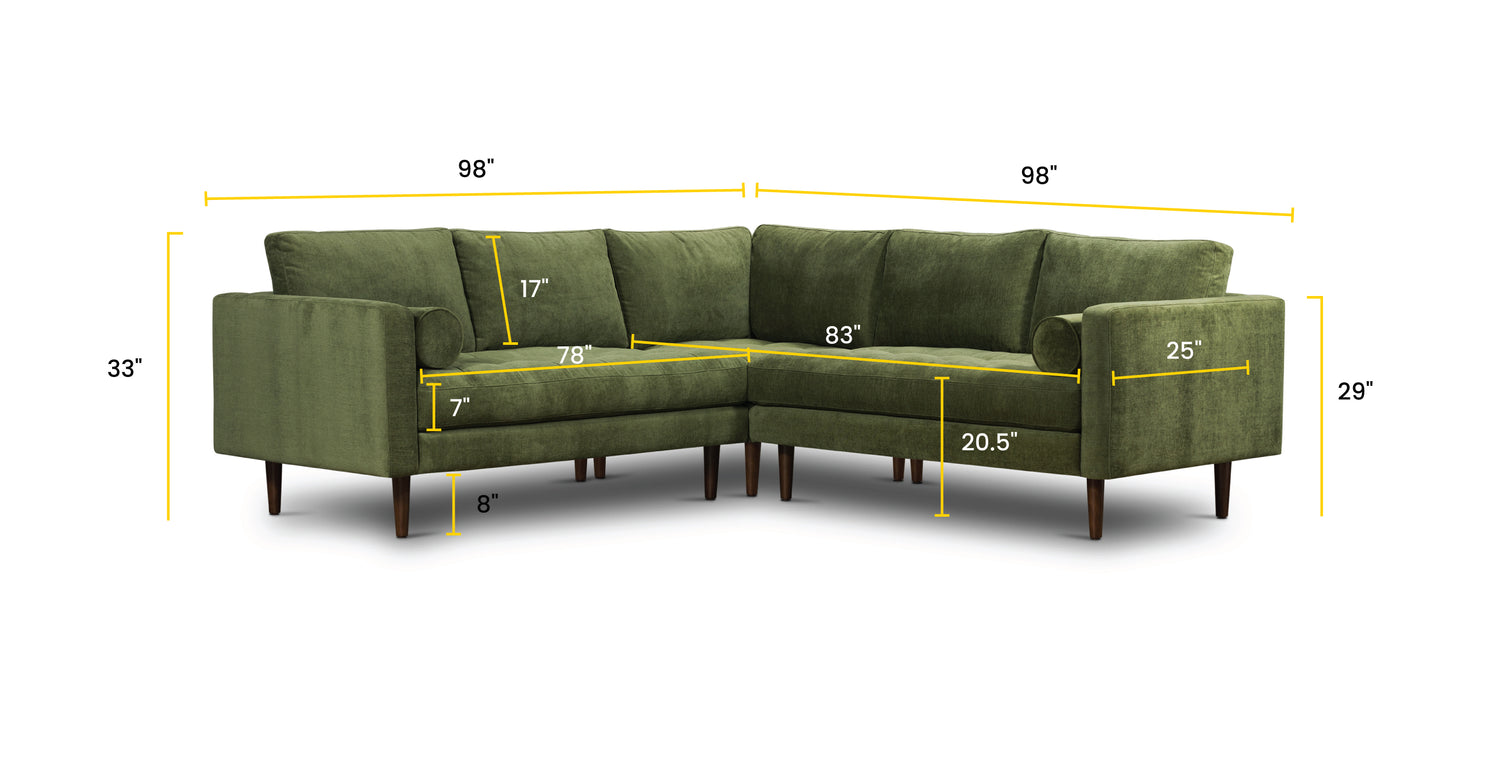 Napa Velvet Corner Sectional Sofa Distressed Green Velvet, dimensions