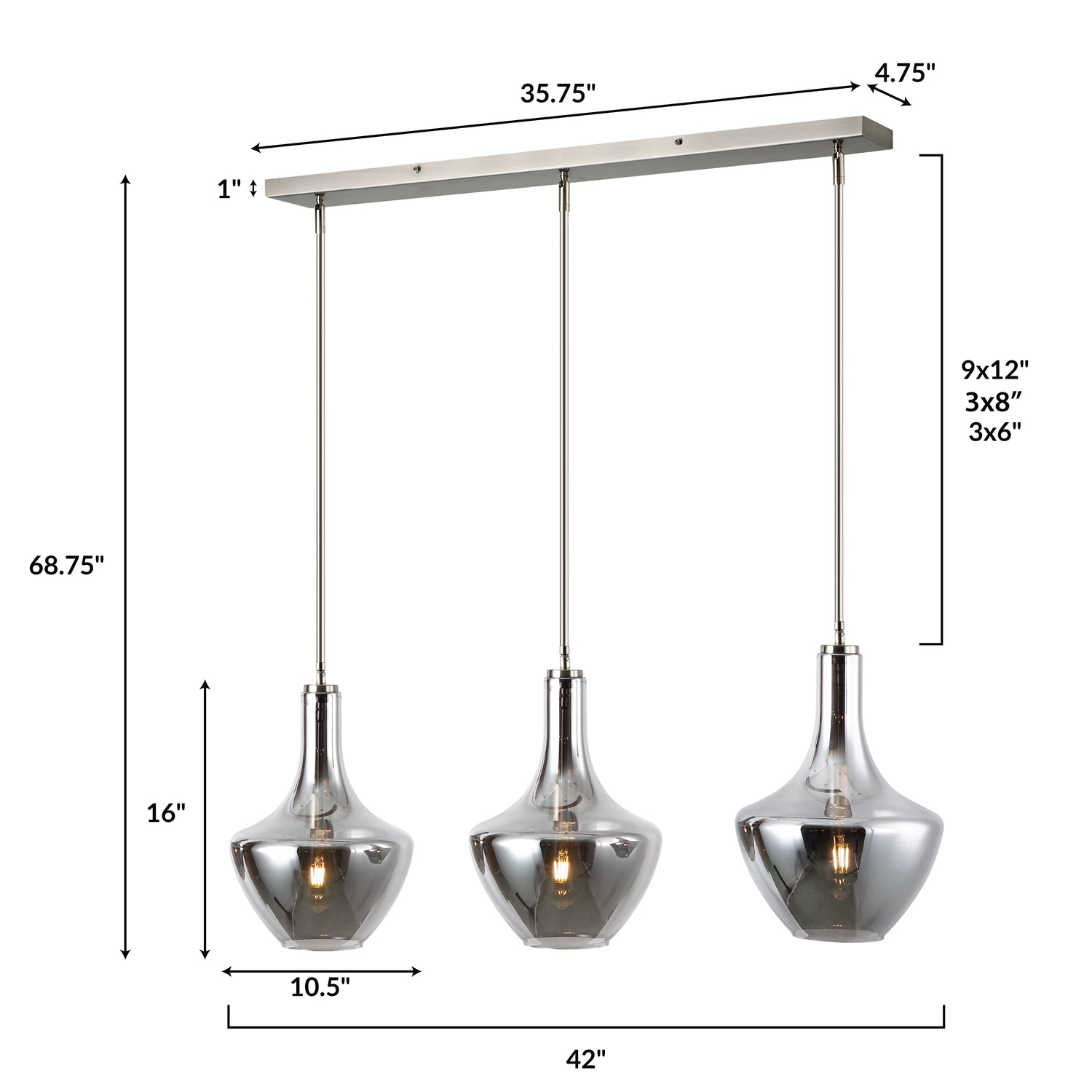 Satin Nickel/Smokey, dimensions