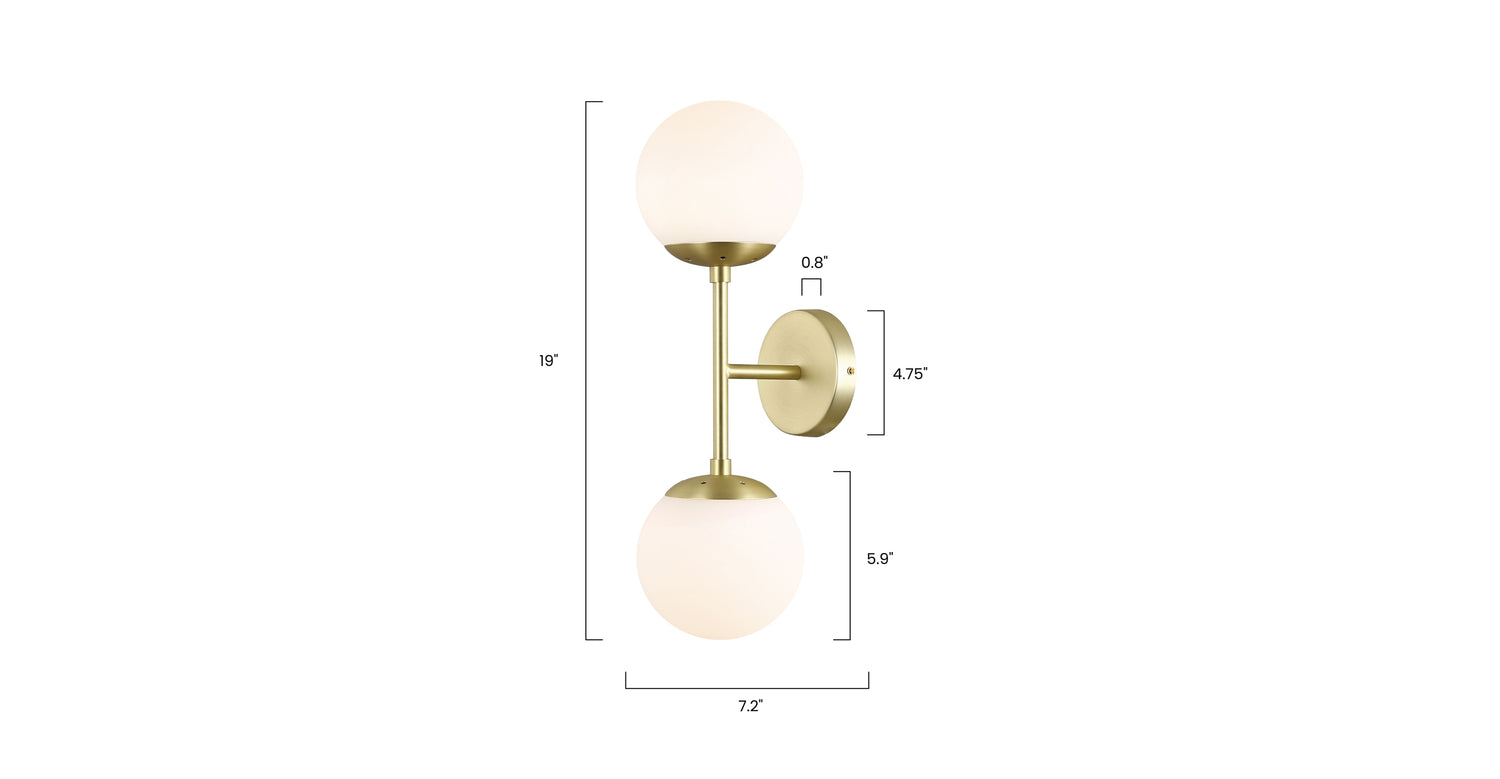 Zeno Globe 2-Light Wall Sconce Brushed Brass/White, dimensions