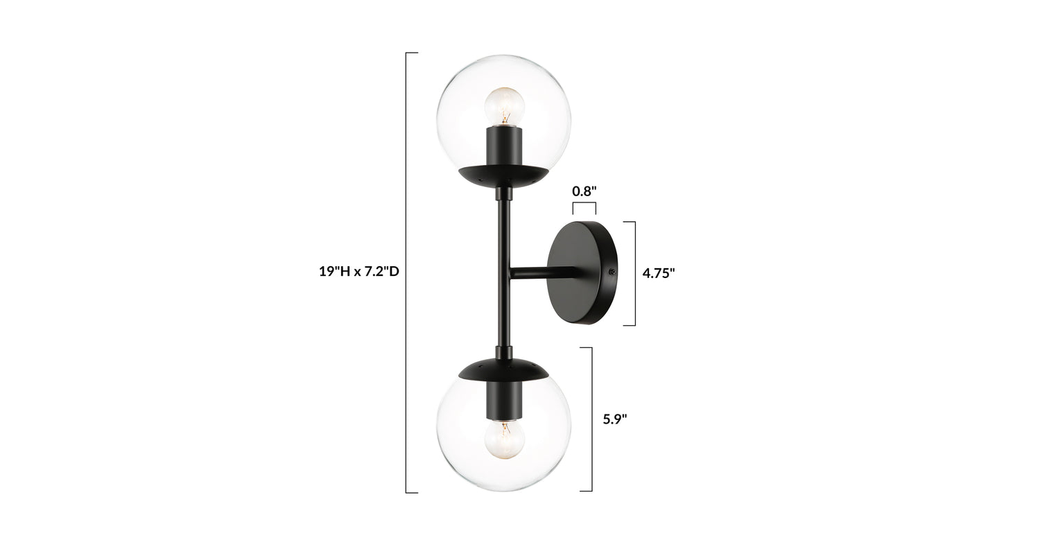 Zeno Globe 2-Light Wall Sconce Black/Clear, dimensions
