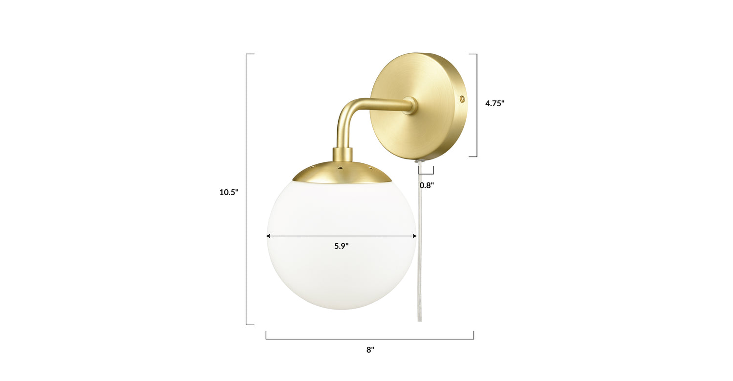 Greta Globe Plug-In Wall Sconce Brushed Brass/White, dimensions