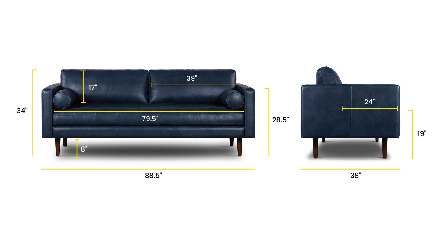 Napa 88.5” Sofa Midnight Blue, dimensions